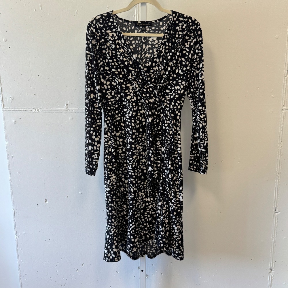Ryan Michelle Black White Abstract Print Faux Wrap Long Sleeve Midi‎ Dress Large
